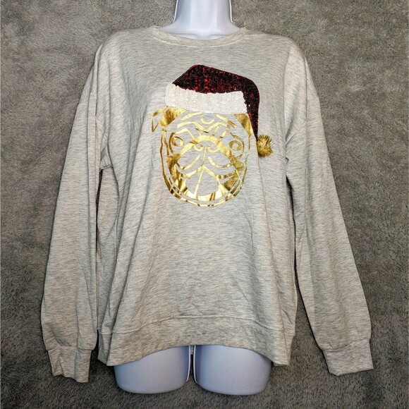 NWT Gray Sequin Santa Pug Sweatshirt Size Medium Christmas Cute Graphic Gold - Picture 3 of 11